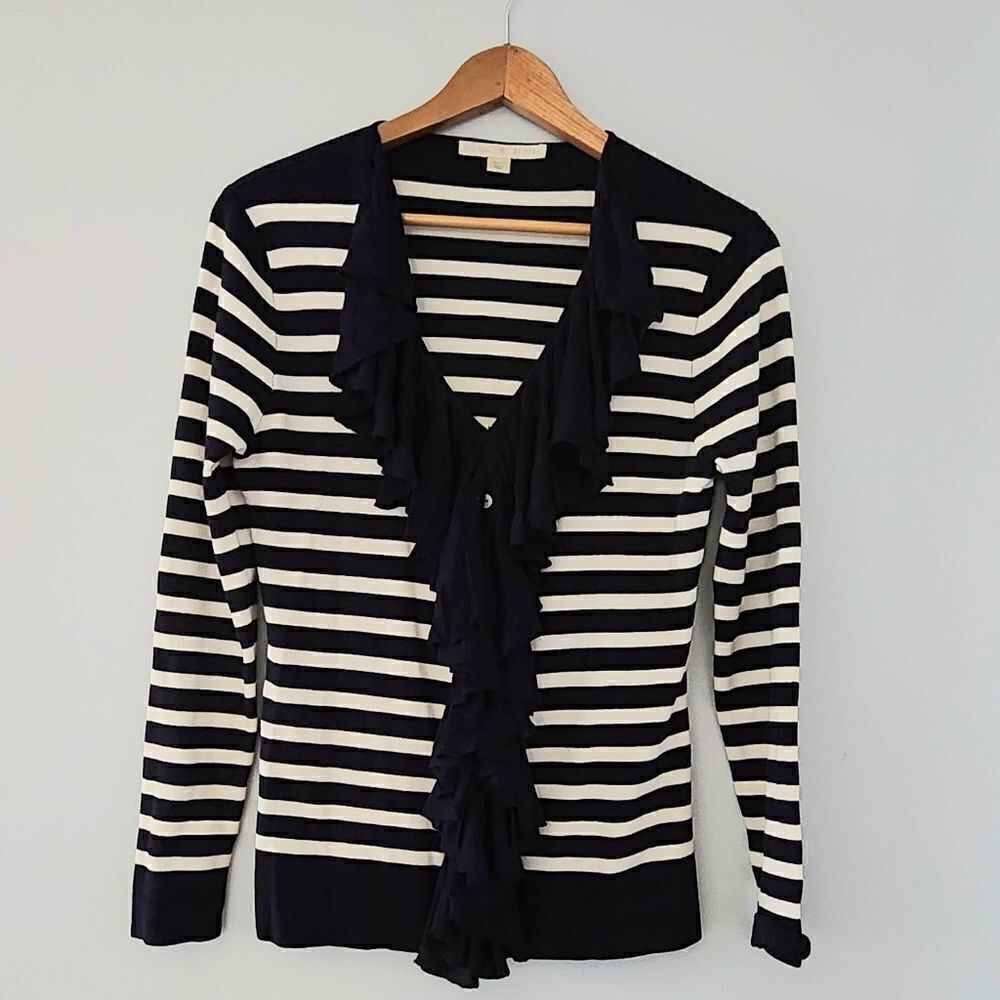 Boston Proper navy and cream striped cardigan sweater women's size Medium